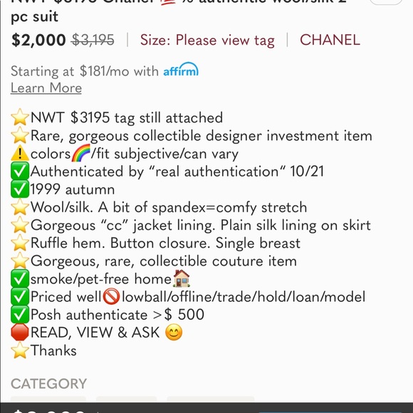 NWT $3195 Chanel 💯% authentic wool/silk 2 pc suit - Picture 16 of 16